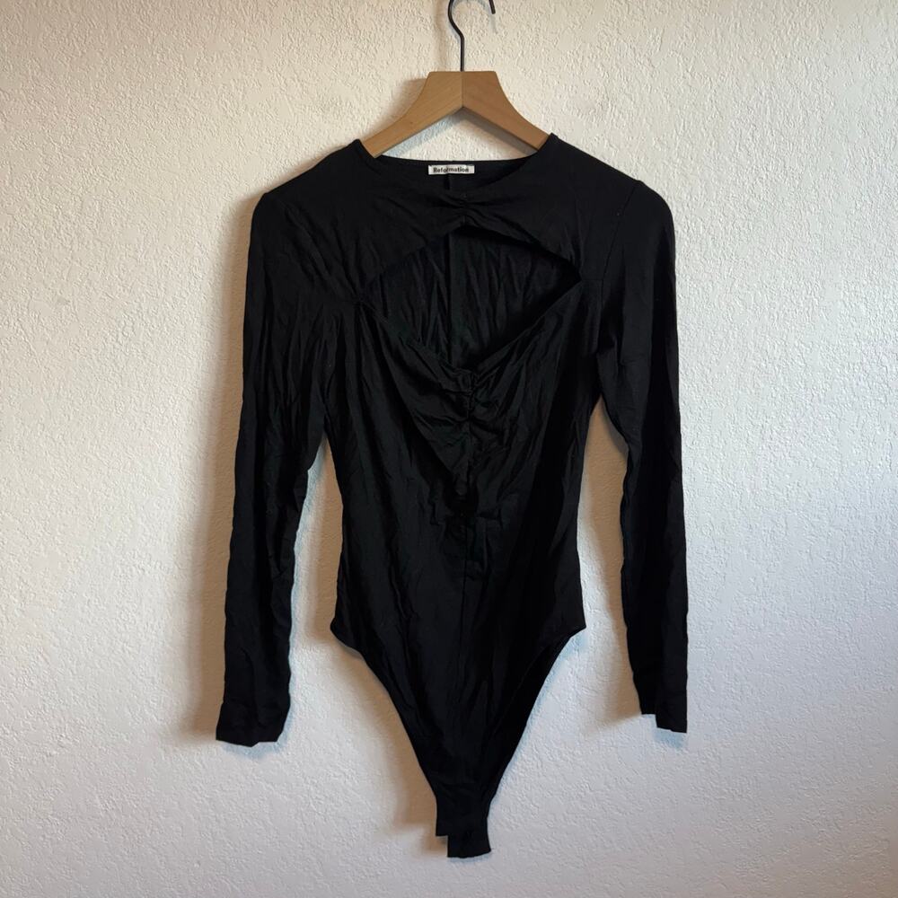 Reformation Front Cutout Round Neck Long Sleeve Ruched Bodysuit Black Medium